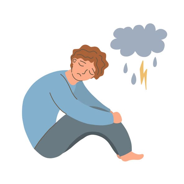 Woman experiencing stress and pain, holding her knee with a cloud and lightning symbol above her hea.