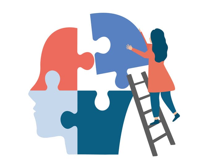 A woman climbing a ladder to connect puzzle pieces forming a human head silhouette, symbolising ment.